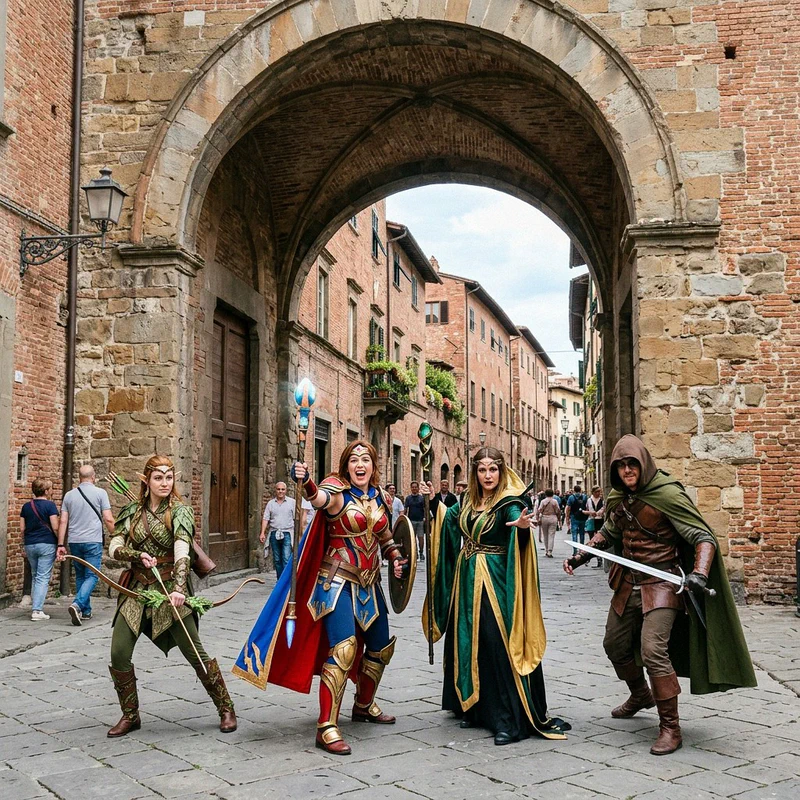 Cosplayers under a historic portico in Lucca