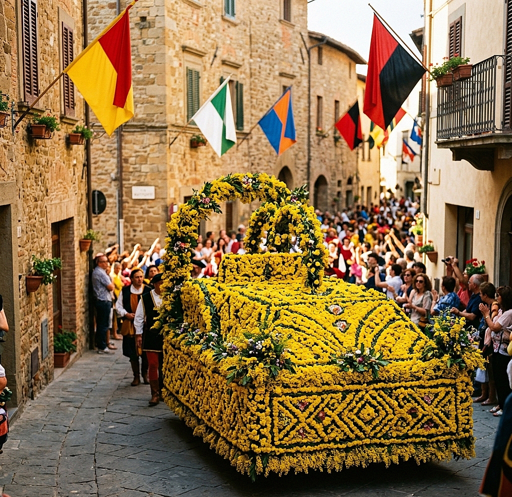 Un carro della Maggiolata interamente ricoperto di fiori gialli di ginestra percorre una stretta via medievale di Lucignano