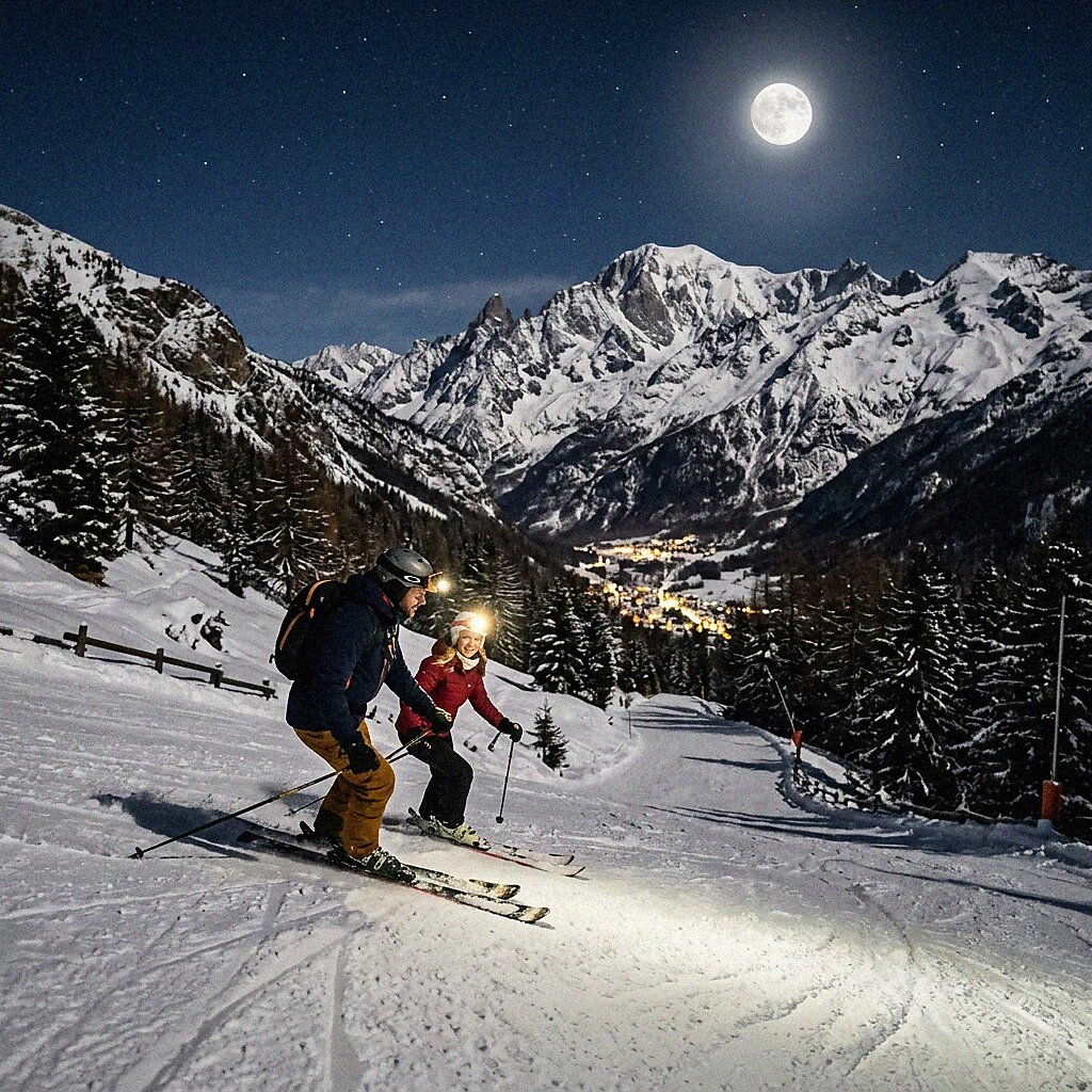 Skifahrer im Mondschein mit dem Mont Blanc-Massiv im Hintergrund