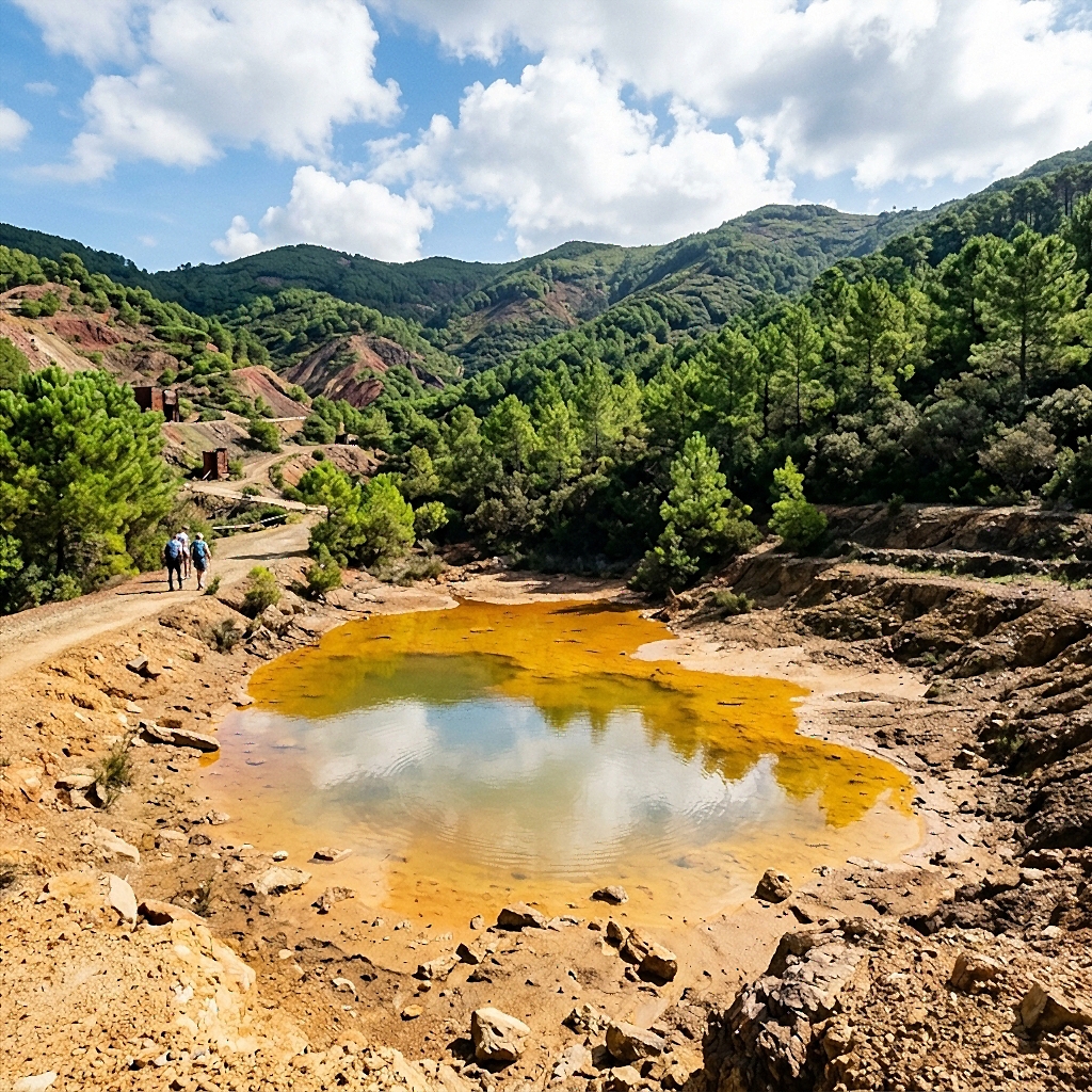 Die Mondlandschaft des Bergbauparks Rio Marina auf Elba mit rot-ockerfarbener Erde und grünen Kiefern