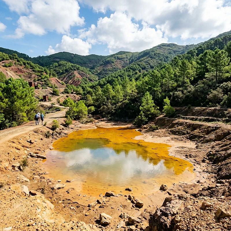 Die Mondlandschaft des Bergbauparks Rio Marina auf Elba mit rot-ockerfarbener Erde und grünen Kiefern