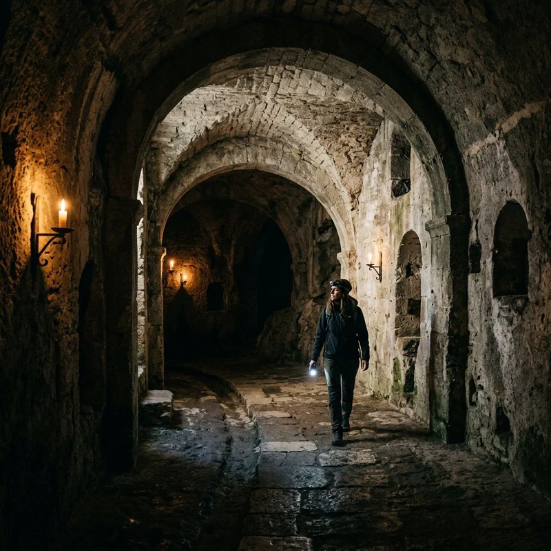 The underground galleries of Narni illuminated by soft lights