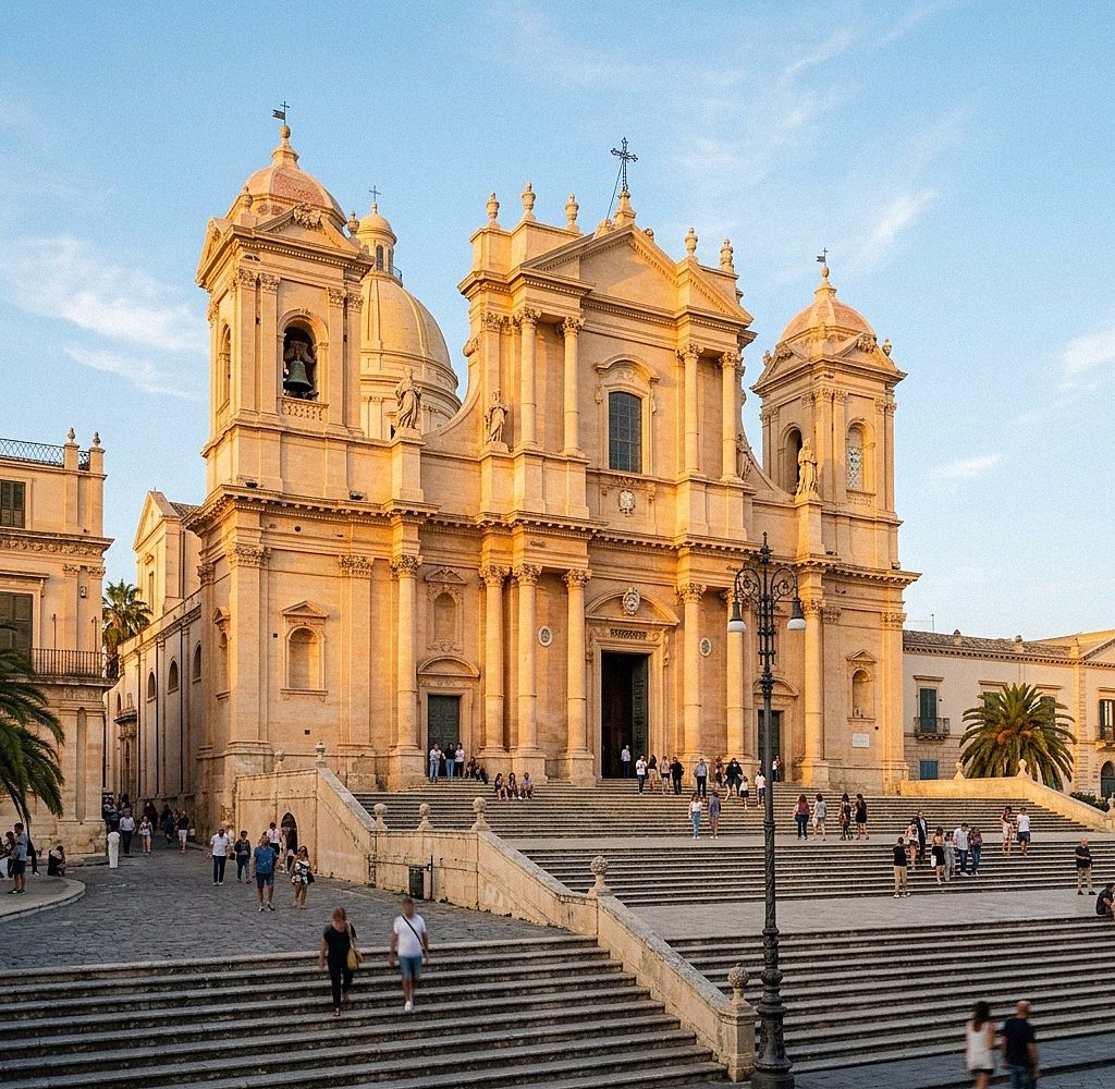La maestosa Cattedrale di San Nicolò a Noto baciata dalla luce dorata del tramonto