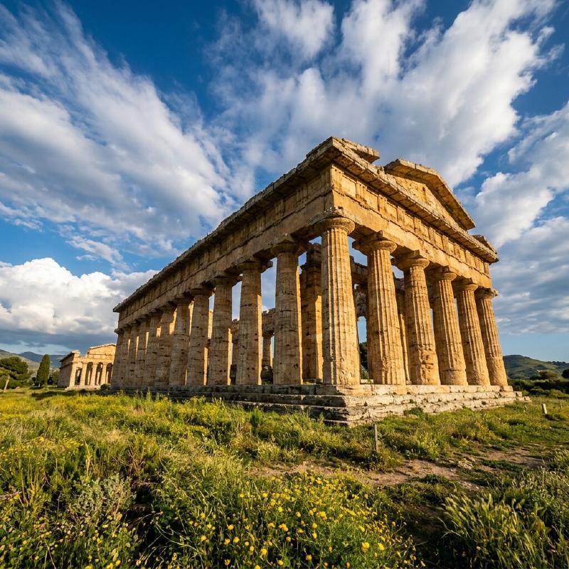 The massive Doric Temple of Hera in Paestum standing in a field of wildflowers under a dramatic sky