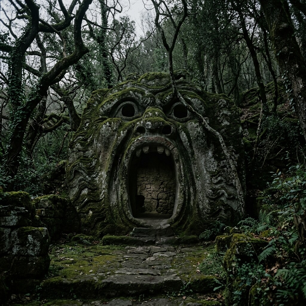 Das gigantische gruselige Gesicht des Ogers, das in Bomarzo mit weit offenem Mund in den Fels gehauen wurde