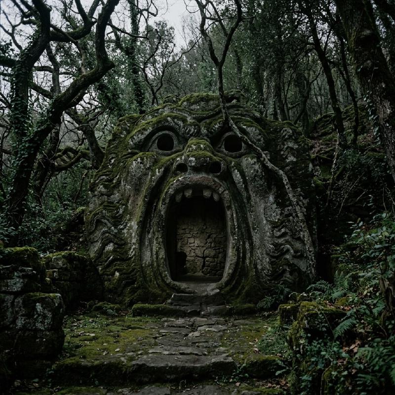 A massive moss-covered stone sculpture of a screaming face (Orcus) in the Park of Monsters, Bomarzo, under a canopy of ancient trees