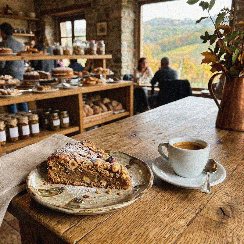 Fetta di torta di nocciole rustica con caffè espresso in una pasticceria