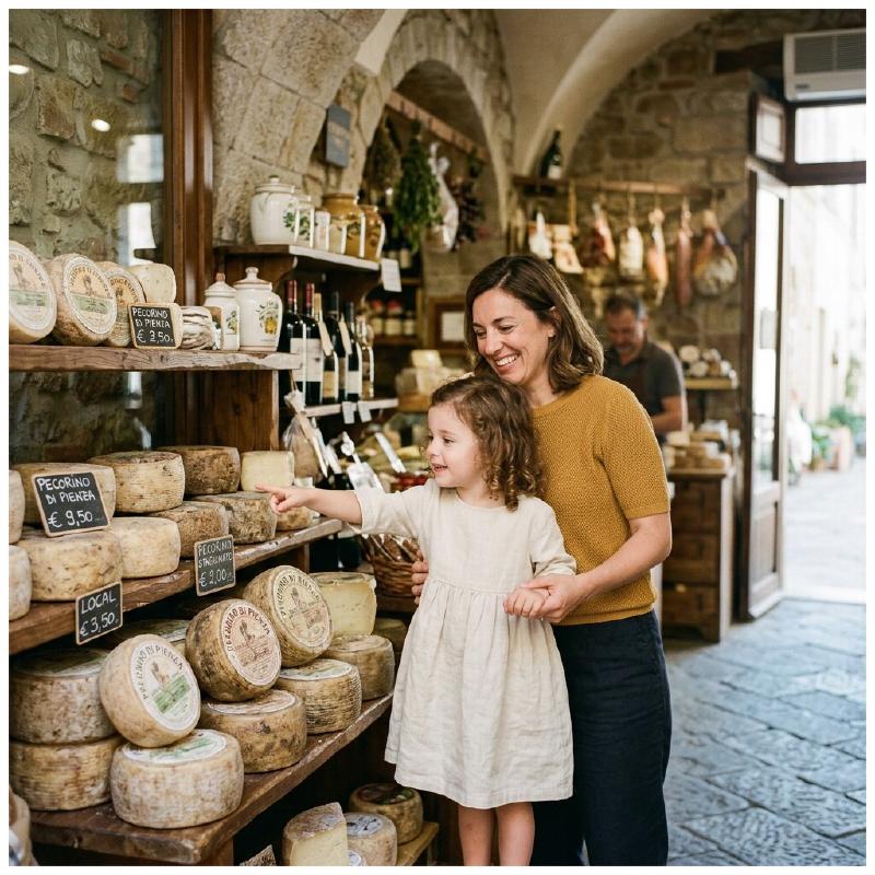 A mother and child looking at wheels of Pecorino cheese in a rustic shop in Pienza