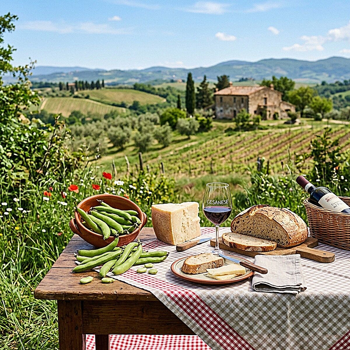 A rustic picnic in Lazio with fresh broad beans, Pecorino Romano and Cesanese red wine