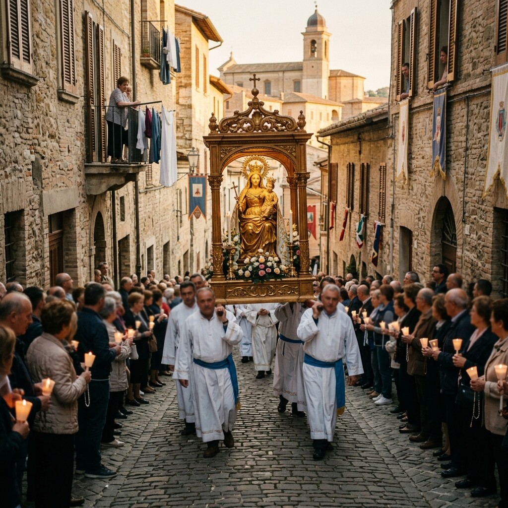 Eine traditionelle religiöse Prozession in einer historischen italienischen Stadt mit einer auf einer Holzplattform getragenen Statue