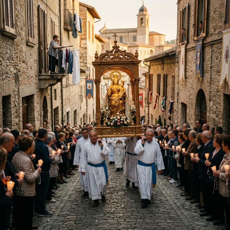 A traditional religious procession in a historic Italian town with a statue carried on a wooden platform