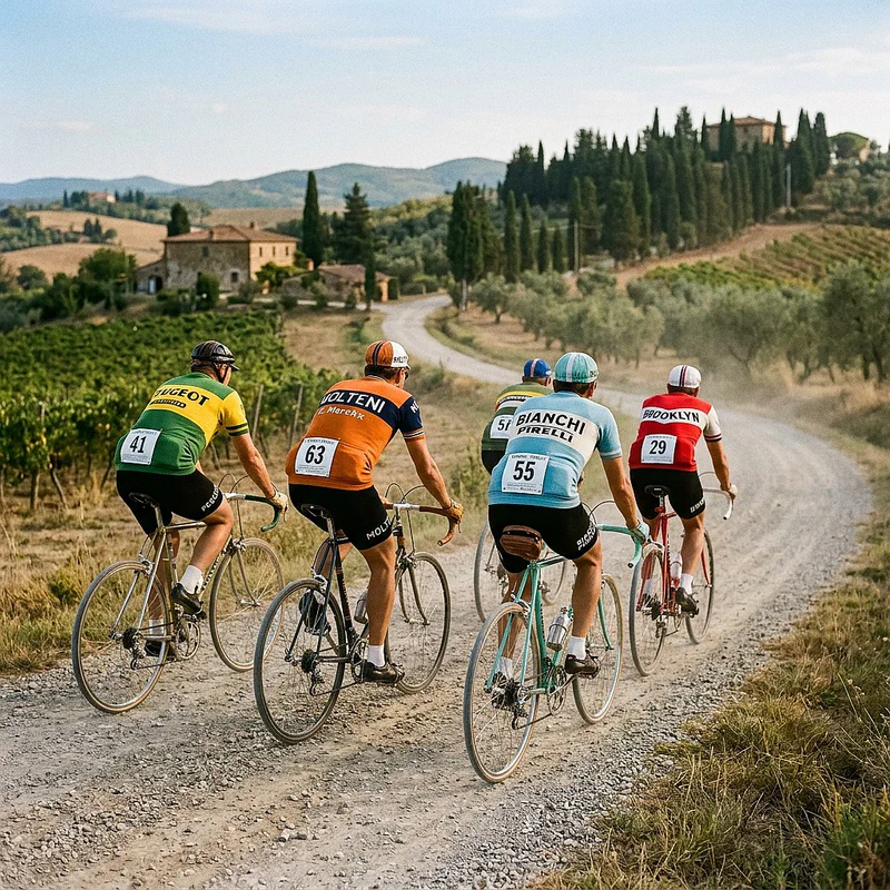 Un gruppo di ciclisti d'epoca con abbigliamento in lana coperti di polvere bianca che pedalano su una strada sterrata toscana