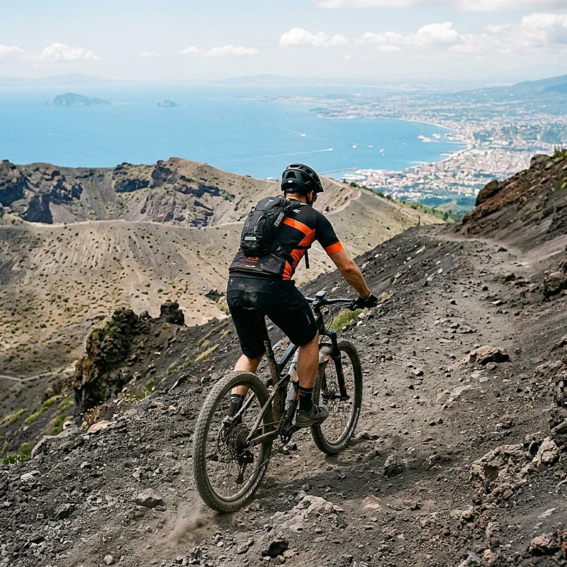 Mountain biker climbing steeply on the volcanic ash of Vesuvio with the sea in the background