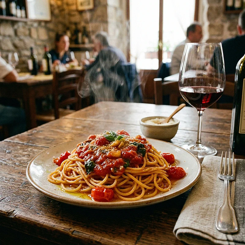 Plate of spaghetti with Piennolo tomatoes from Vesuvio on a rustic table