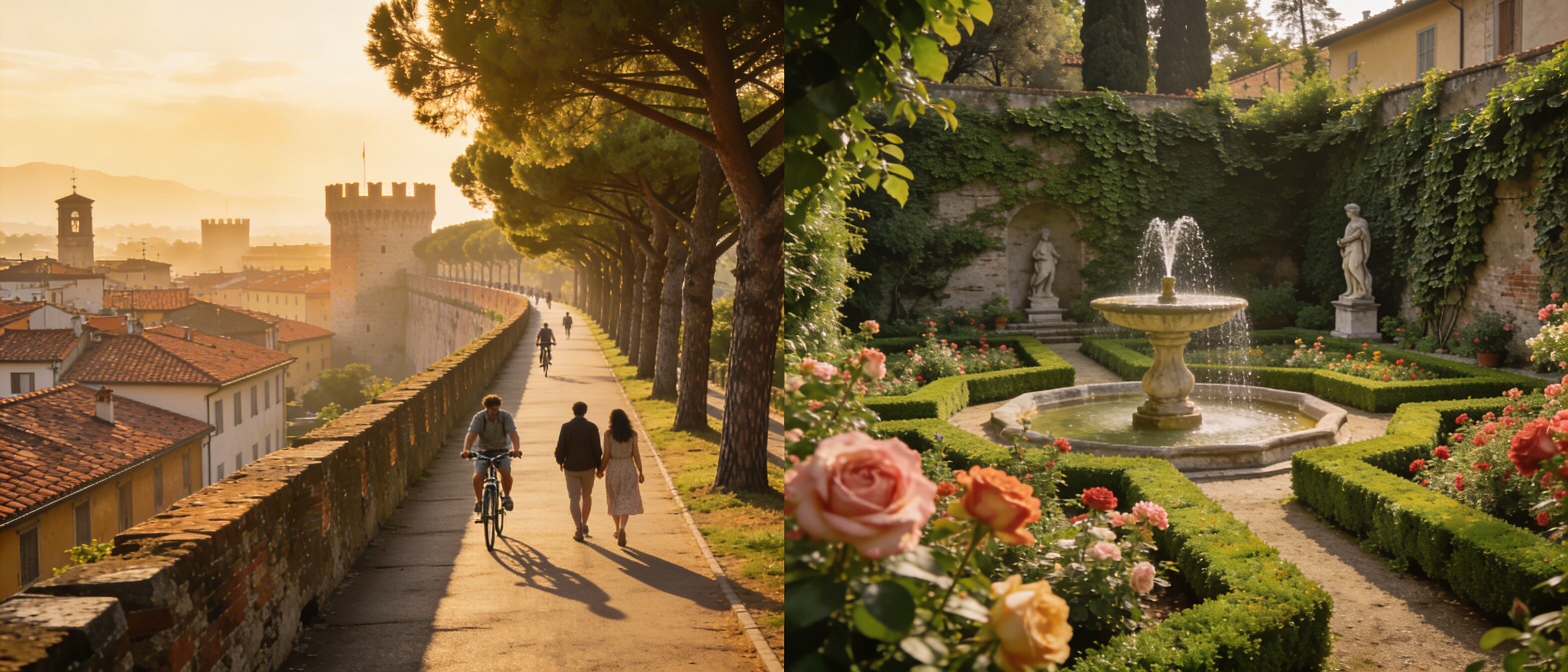 Un giardino segreto a Lucca con glicine e statue barocche tra mura antiche