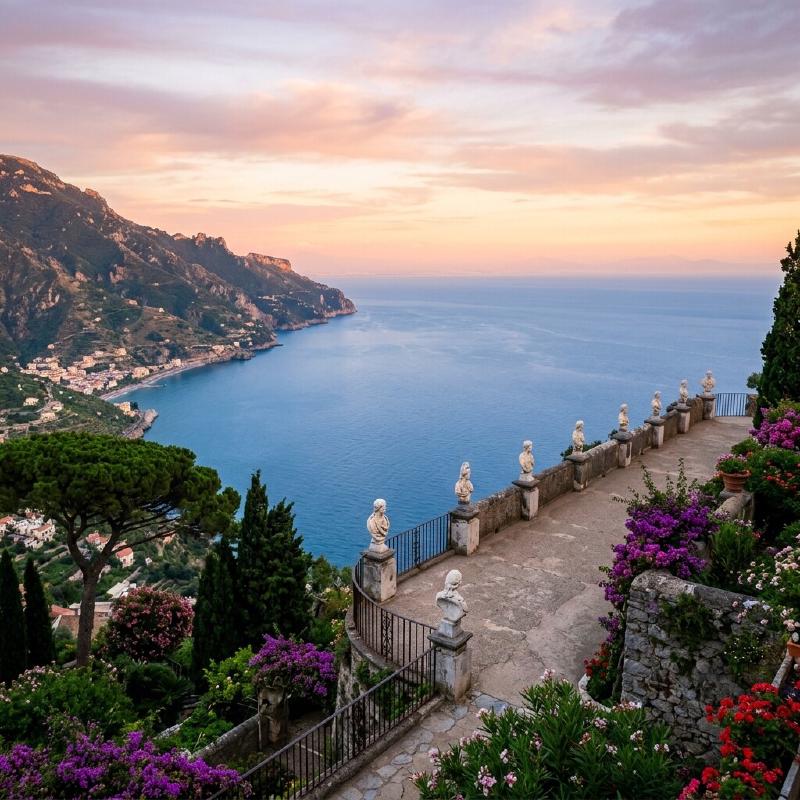 The Terrace of Infinity at Villa Cimbrone in Ravello with marble busts overlooking the Amalfi Coast at sunset