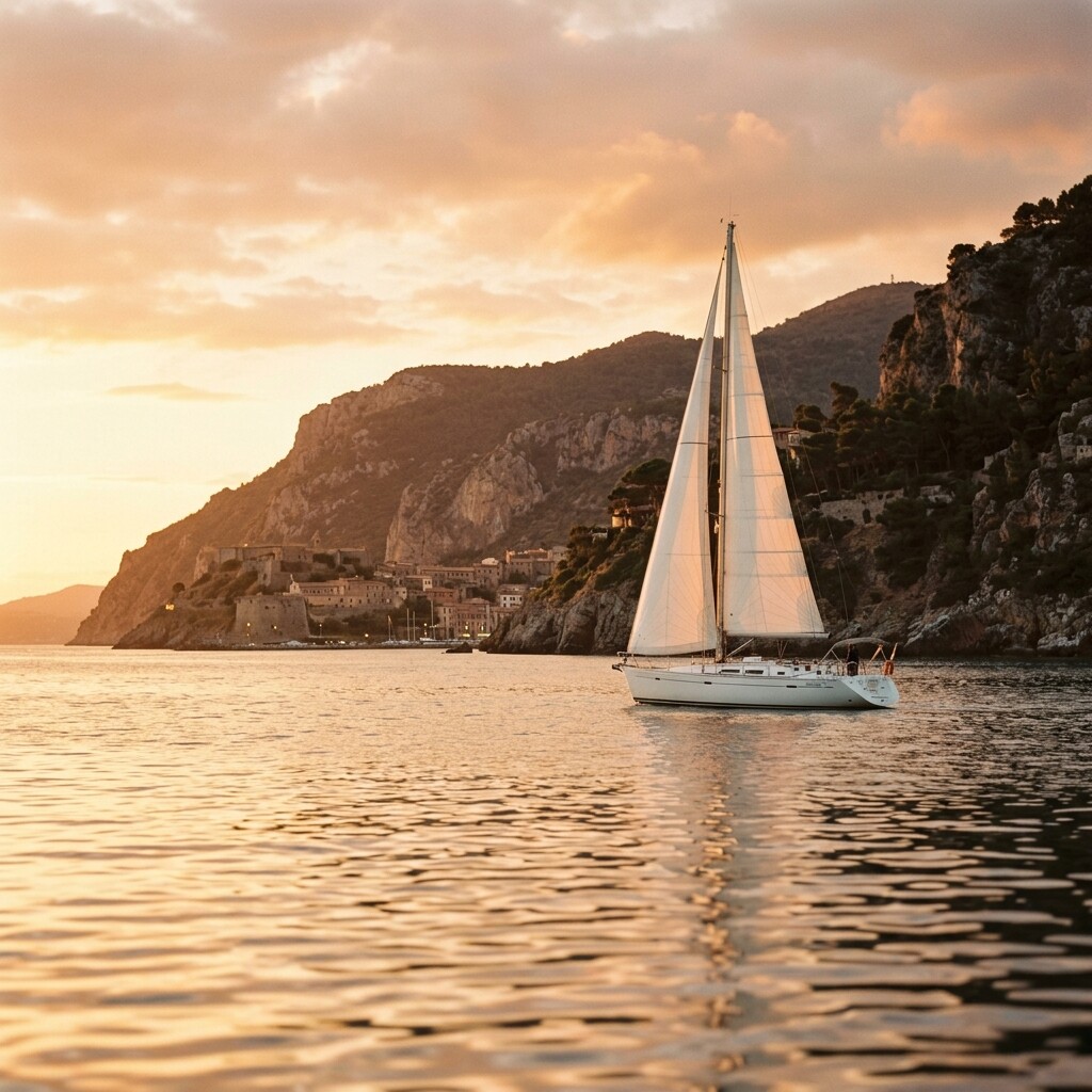 Ein weißes Segelboot auf ruhigem goldenem Wasser bei Sonnenuntergang in der Nähe des Monte Argentario