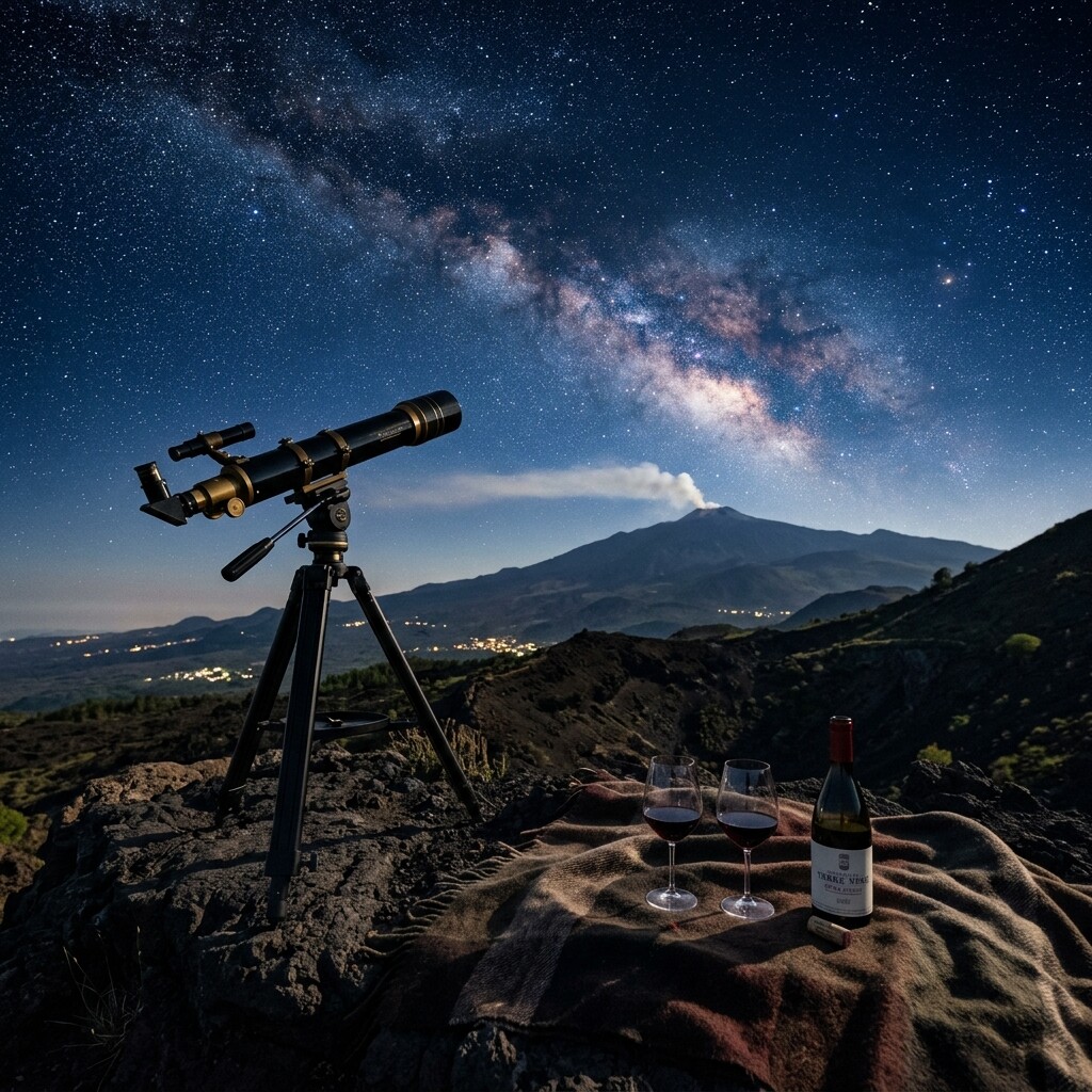 Ein romantisches Setup zur Sternenbeobachtung an den Vulkanhängen des Ätna mit Teleskop, Wein und der Milchstraße