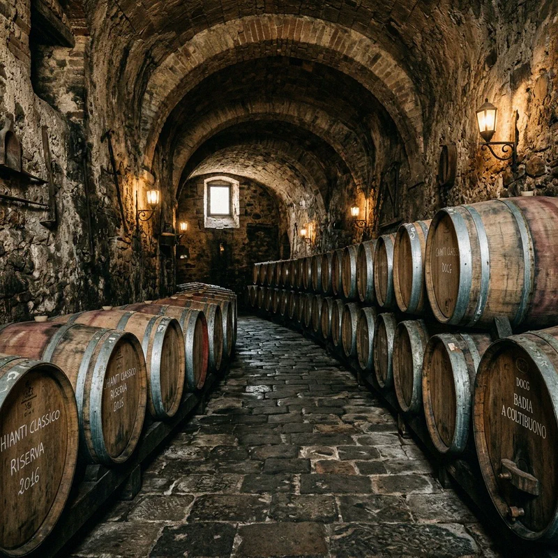Interno di un'antica cantina medievale in Toscana con enormi botti di legno e pareti in pietra