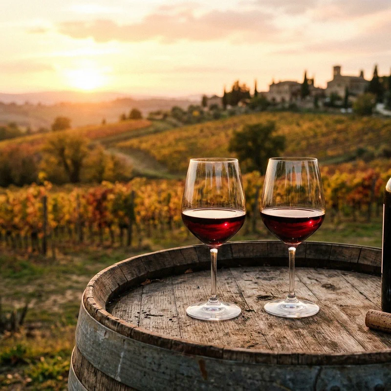 Due calici di vino rosso appoggiati su una botte rustica con i vigneti toscani dorati sullo sfondo al tramonto