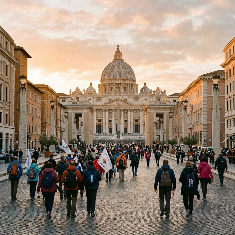 Pilgrims and families walking towards St. Peter's Basilica in Rome under the morning light