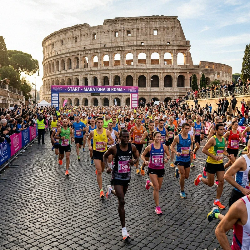 Die Menge der Marathonläufer am Start in Rom mit dem Kolosseum im Hintergrund