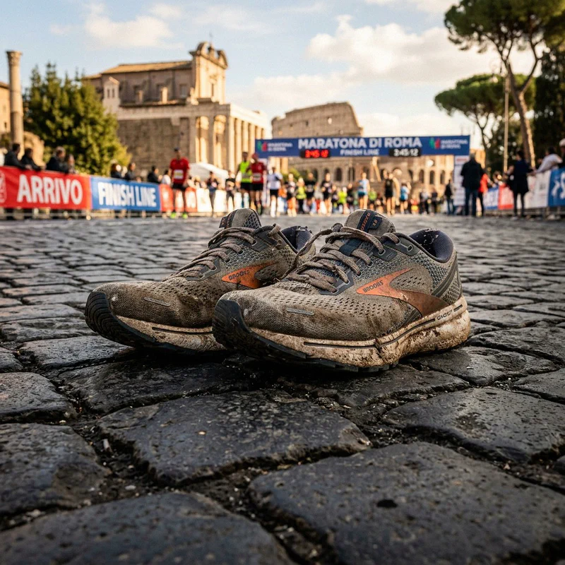 Scarpe da corsa stanche di Martina dopo il traguardo a Roma