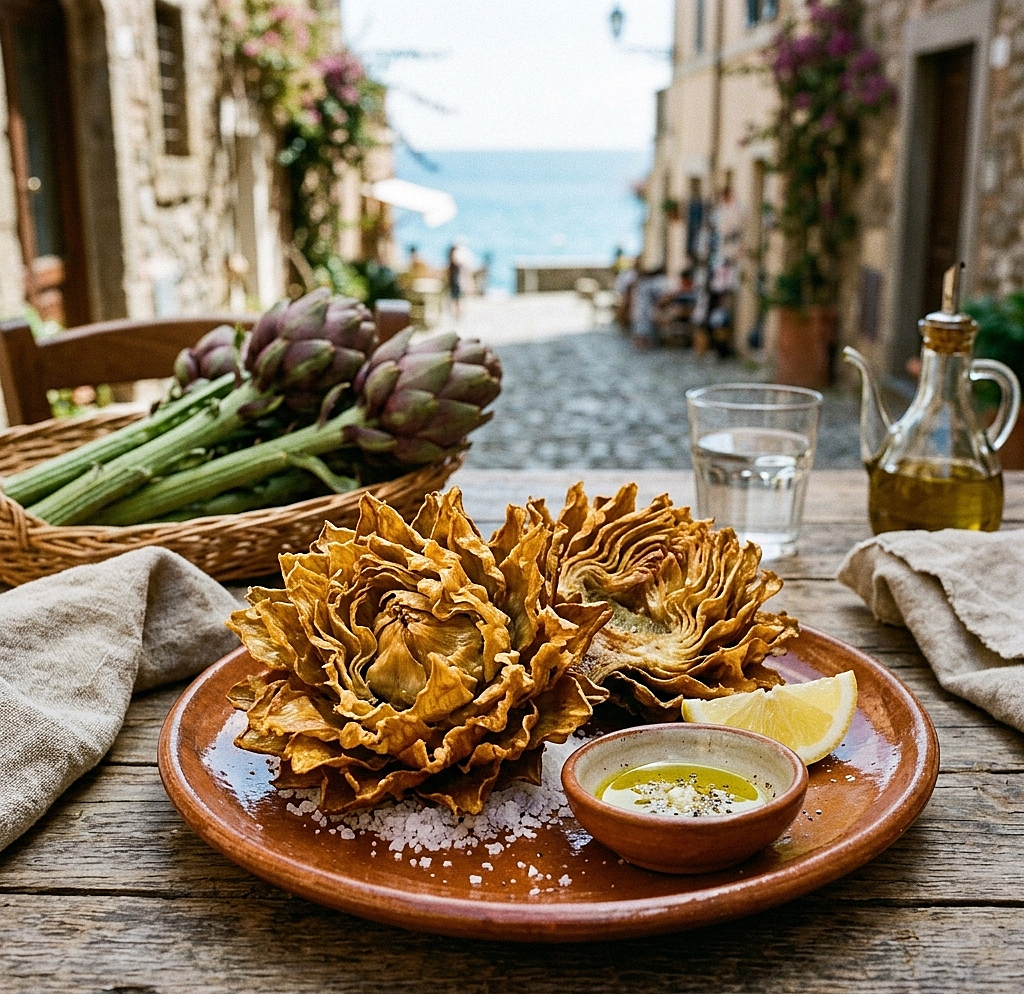 Carciofi alla Giudia dorati e aperti come girasoli su un piatto rustico con sfondo del mare di Ladispoli