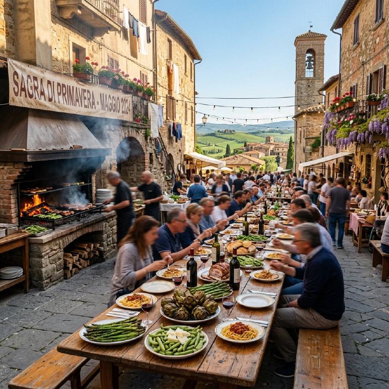 A traditional Italian Sagra with long wooden tables filled with seasonal food in a hilltop village