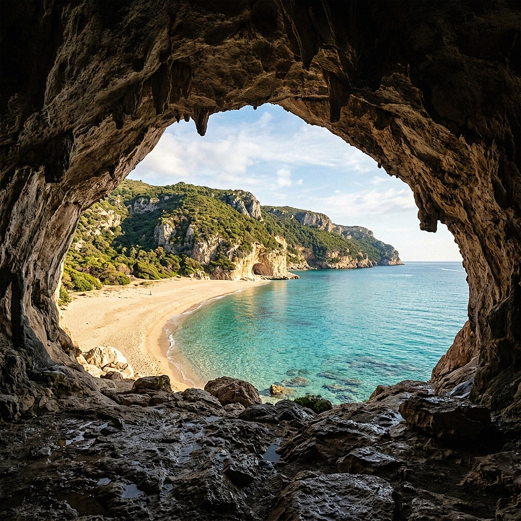 Cala Luna beach seen from inside one of its massive natural caves, with the rock arch framing the turquoise sea.