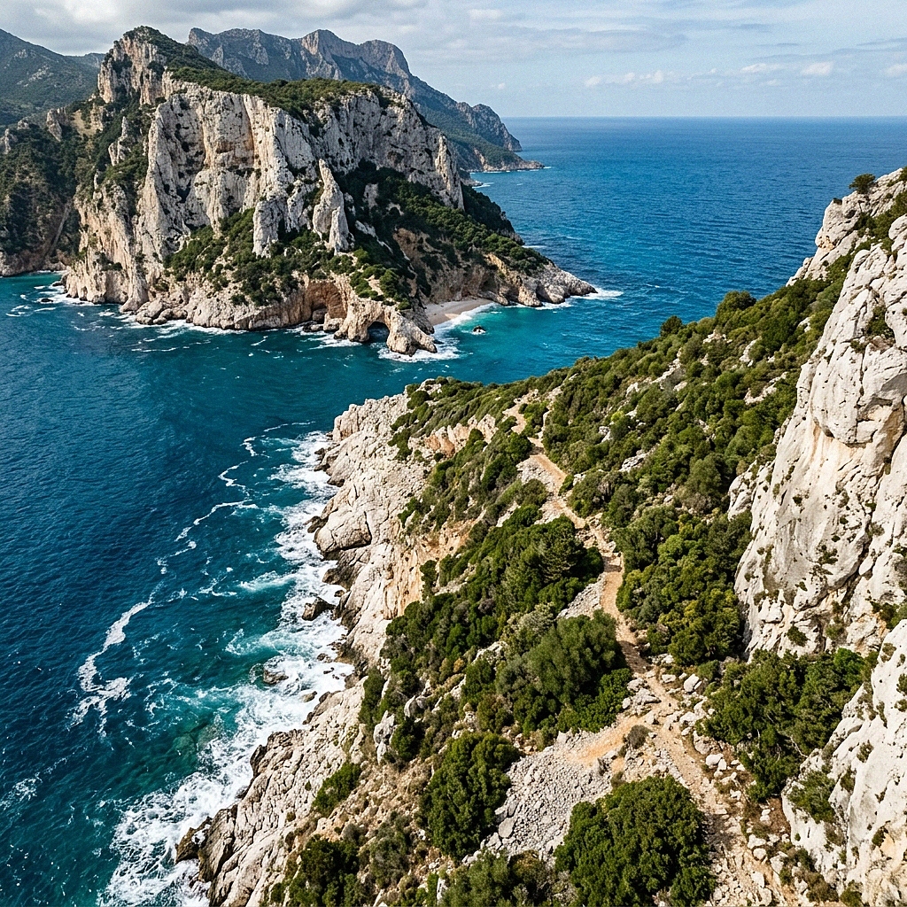A panoramic view from above of the Gulf of Orosei coastline, with white cliffs plunging into the sea and a winding path through the Mediterranean macchia.
