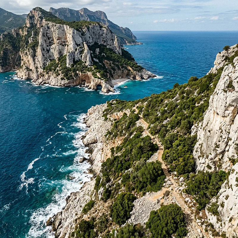 Una vista panoramica dall'alto della costa del Golfo di Orosei, con scogliere bianche a picco sul mare e un sentiero tortuoso tra la macchia mediterranea.