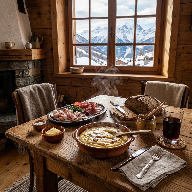 A rustic table laden with traditional Walser dishes, including polenta concia, cured meats, and Fontina cheese, set against a backdrop of the Valle d'Aosta mountains.