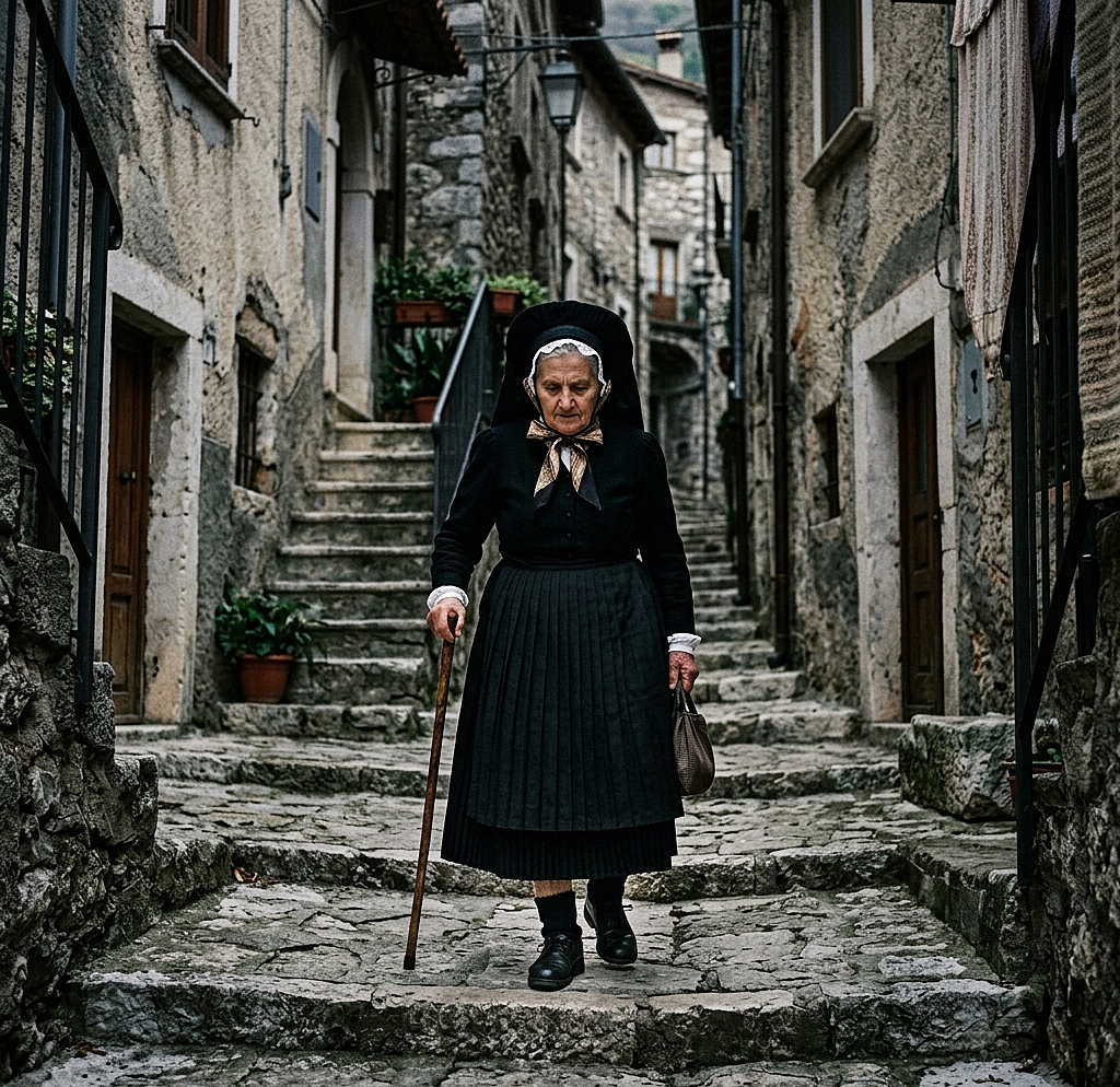 An elderly woman from Scanno in traditional black costume walks through steep stone alleys in a high-contrast black and white shot