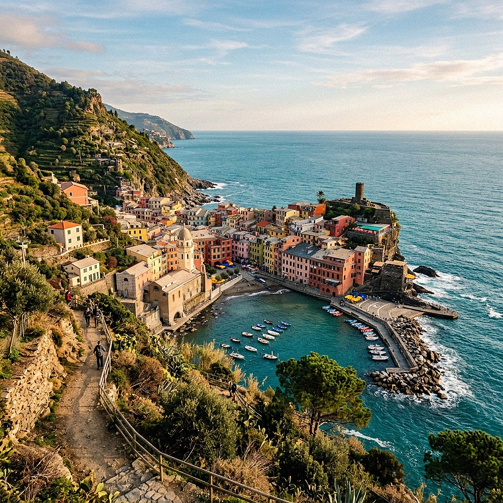 Ein Panoramablick auf Vernazza bei Sonnenuntergang
