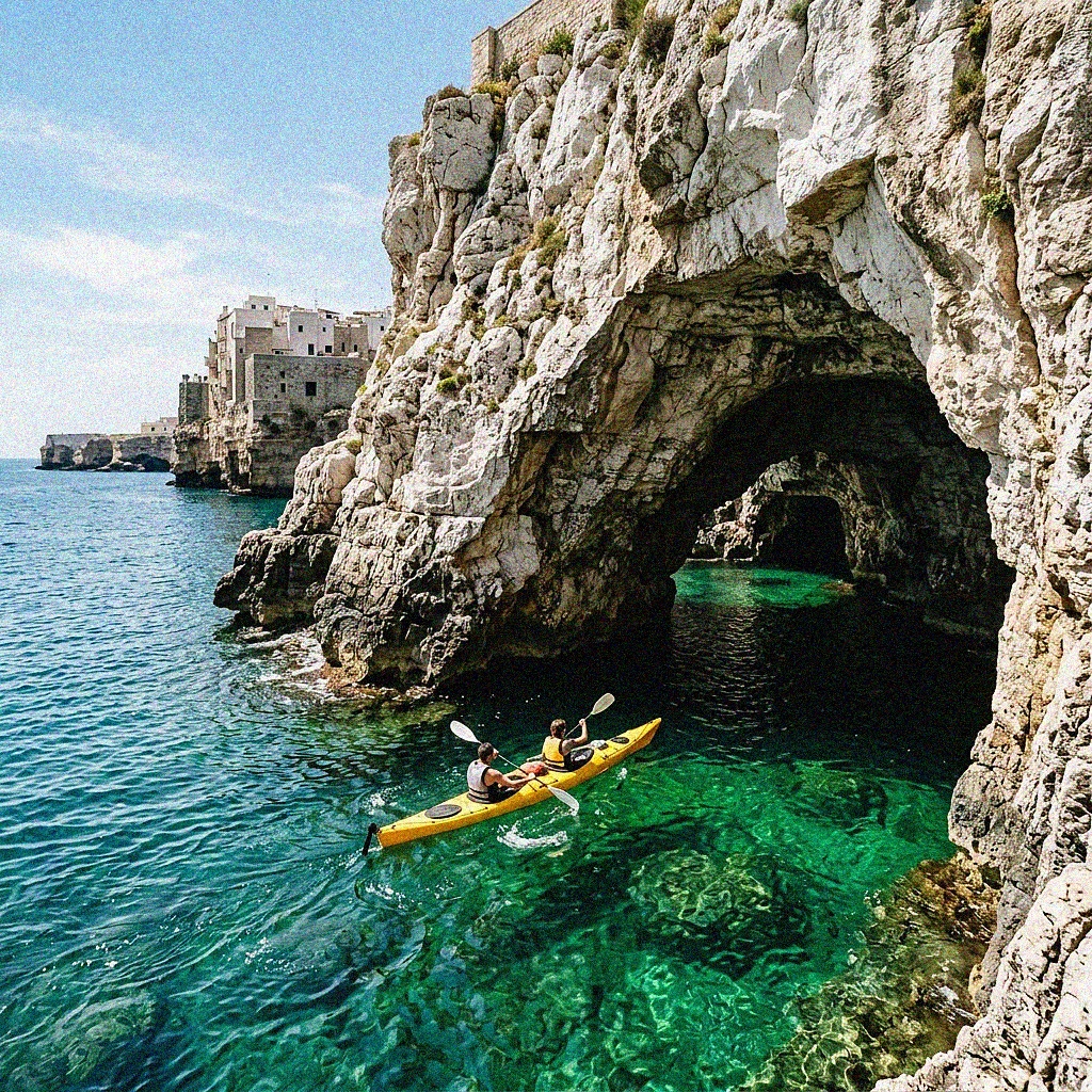A yellow kayak enters a majestic sea cave with emerald green waters in Polignano a Mare