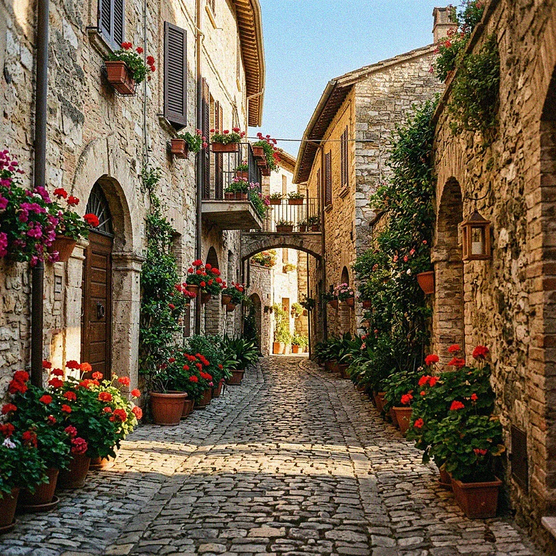 Un tranquillo vicolo medievale in pietra a Spello, in Umbria, fiancheggiato da vasi di fiori.