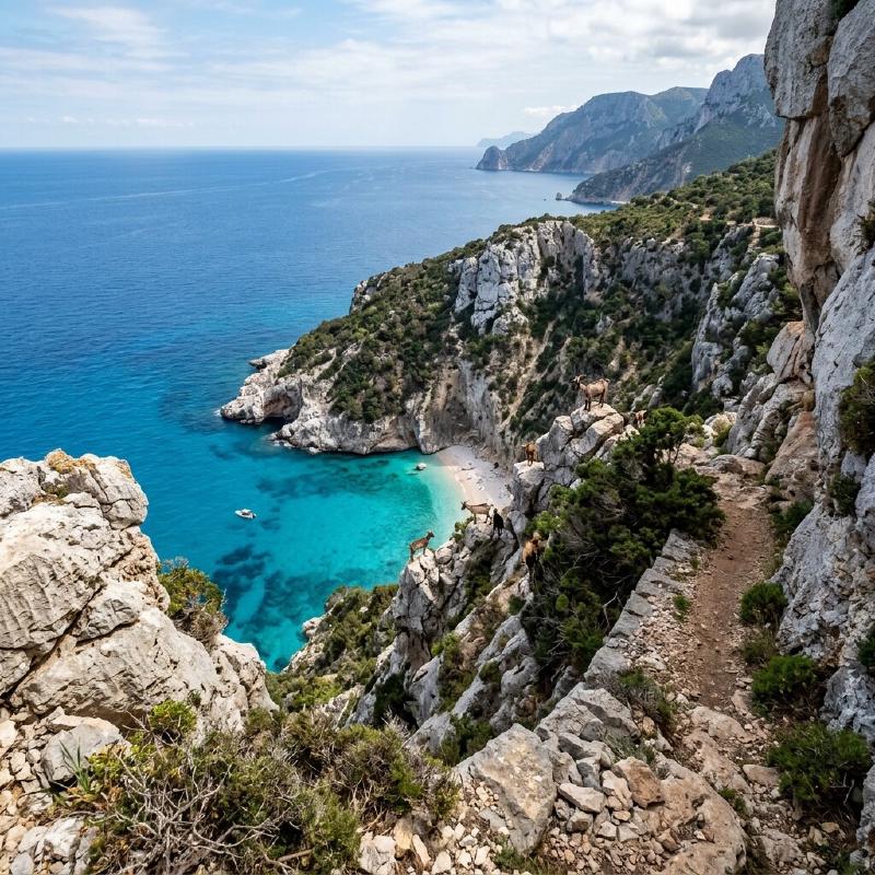 A view from a high limestone cliff on the Selvaggio Blu trail in Sardinia looking over a turquoise bay and rugged Mediterranean scrub