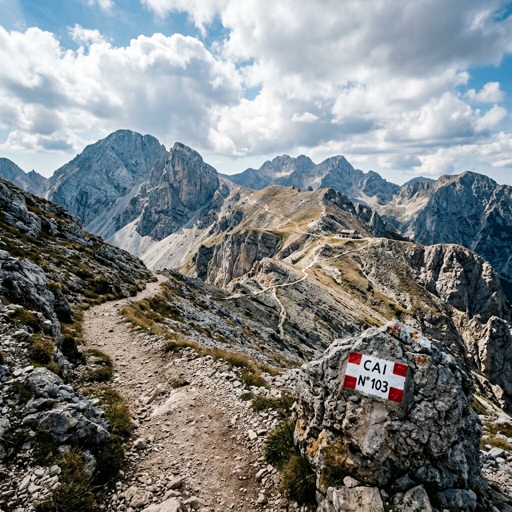 A hiker overlooking a vast mountain landscape on the Sentiero Italia