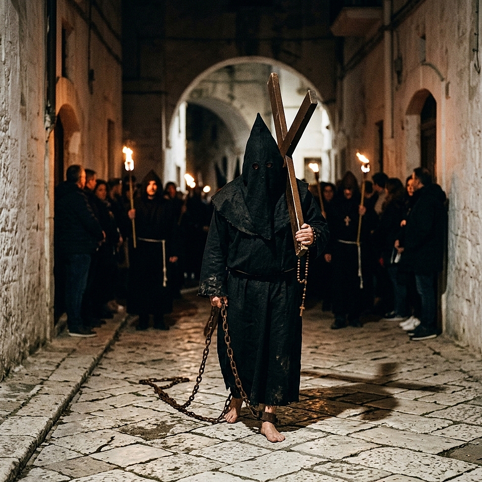 A hooded penitent (Crocifero) drags a heavy wooden cross and iron chains on the white stone pavement of a Puglian village at night