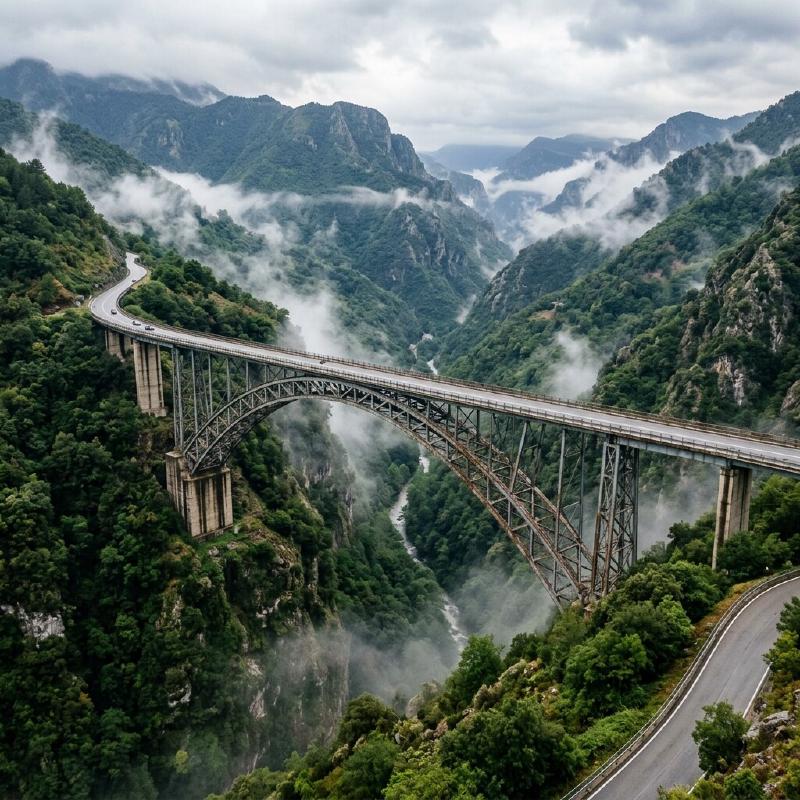 A cinematic view of the massive Sfalassa Viaduct arch bridge spanning a deep green gorge in the Calabrian mountains
