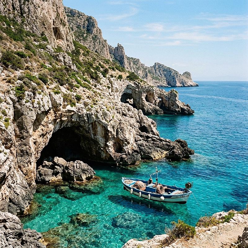A rugged coastline of a remote Sicilian island with turquoise water and a small boat