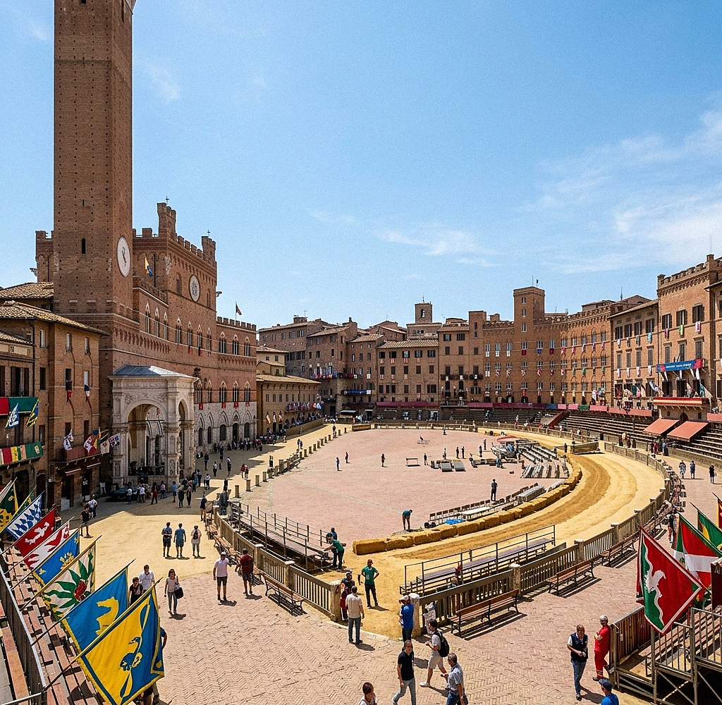 Piazza del Campo a Siena durante il Palio con la folla e i colori delle contrade