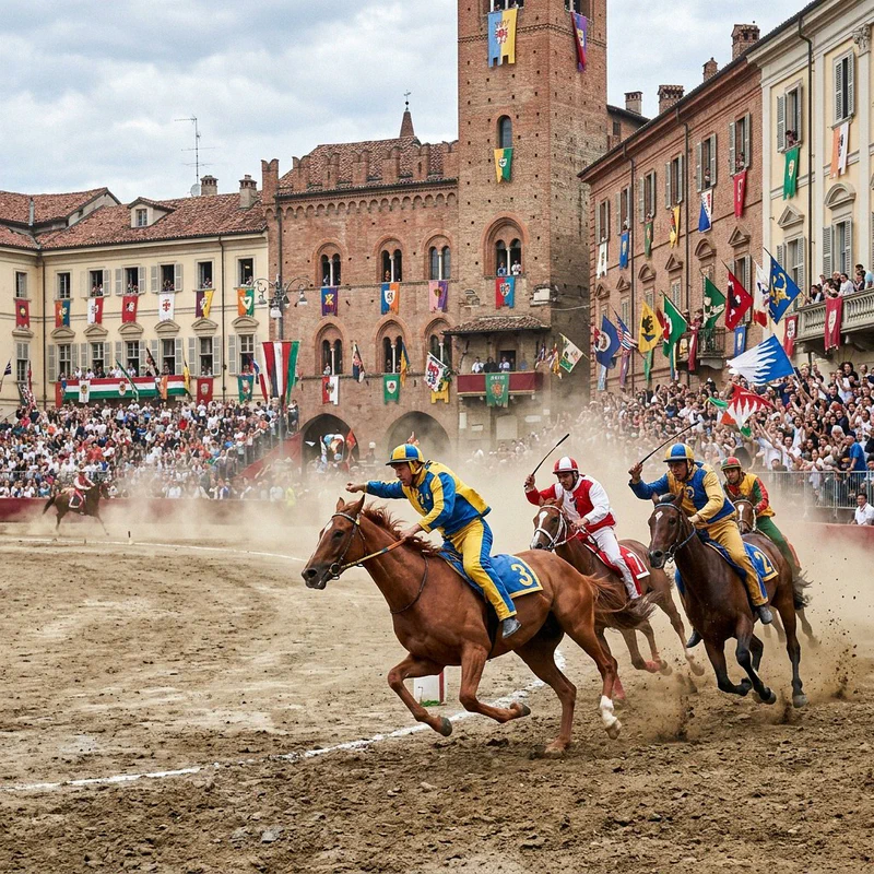 The jockeys navigate the San Martino curve at Piazza del Campo in Siena
