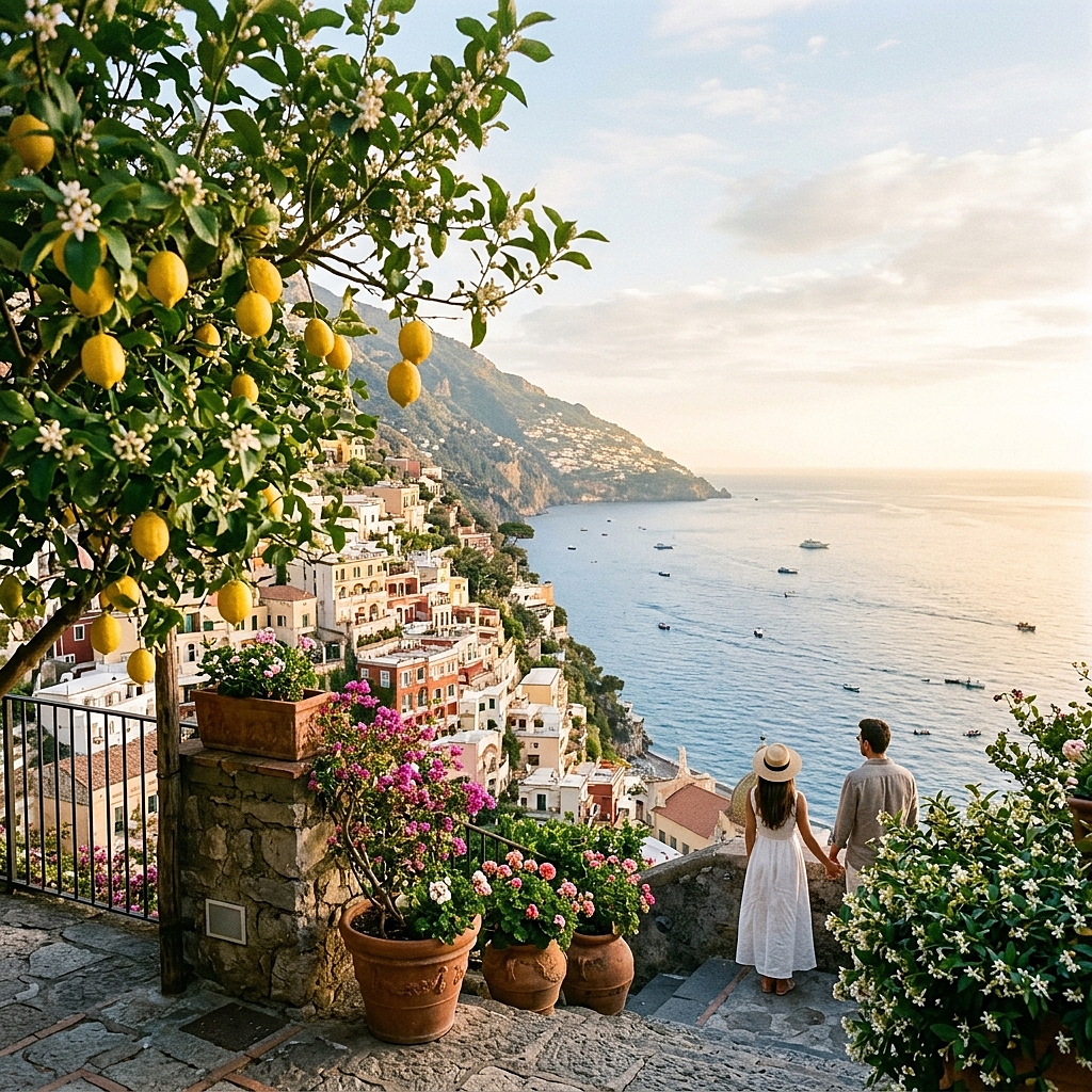 Ein blühender Balkon in Ravello mit Blick auf die Amalfiküste im Frühling