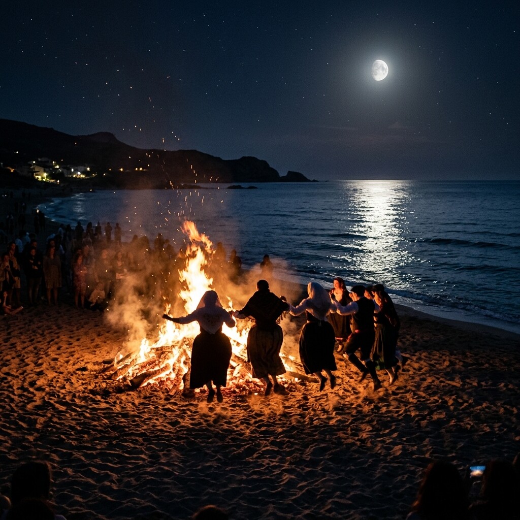 Ein großes Lagerfeuer an einem sardischen Strand bei Nacht, Menschen springen über die Flammen und der Mondschein spiegelt sich im Meer