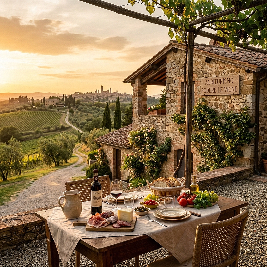 Un agriturismo rustico in Toscana al tramonto con una tavola imbandita tra i vigneti