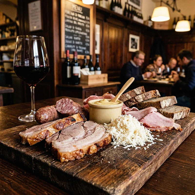 Un vassoio di porcina calda con senape e kren grattugiato sul bancone di un tipico buffet triestino, circondato da calici di vino Terrano