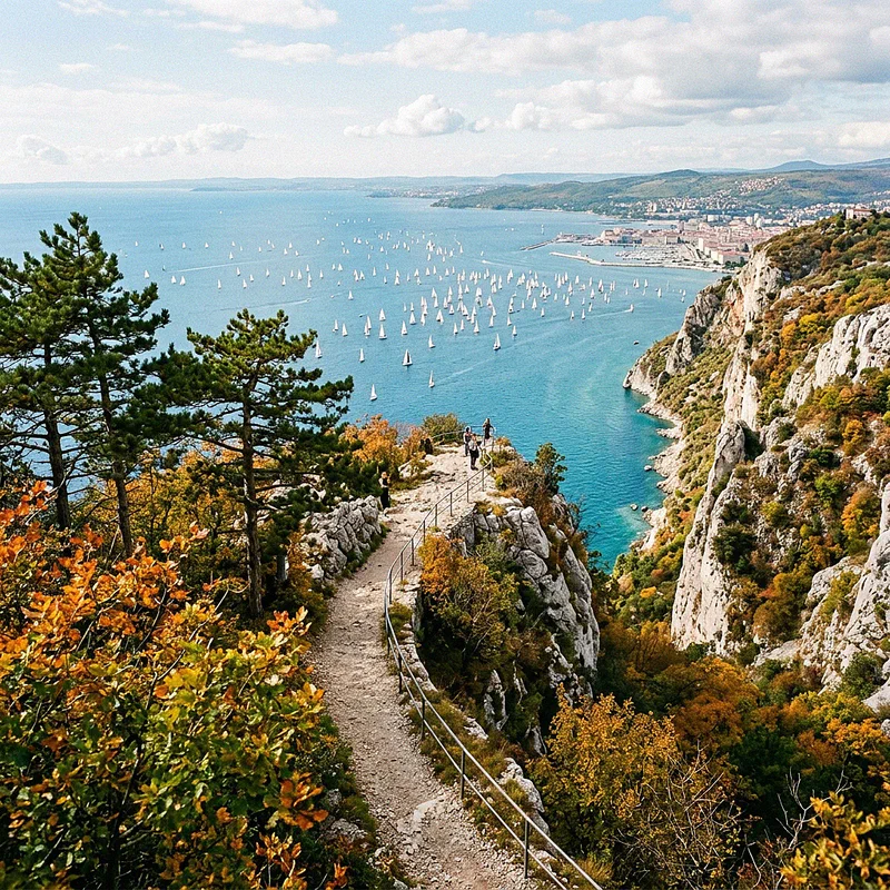 Le barche a vela in gara viste dall'alto della strada napoleonica sul Carso, con la vegetazione autunnale in primo piano e il mare azzurro sullo sfondo