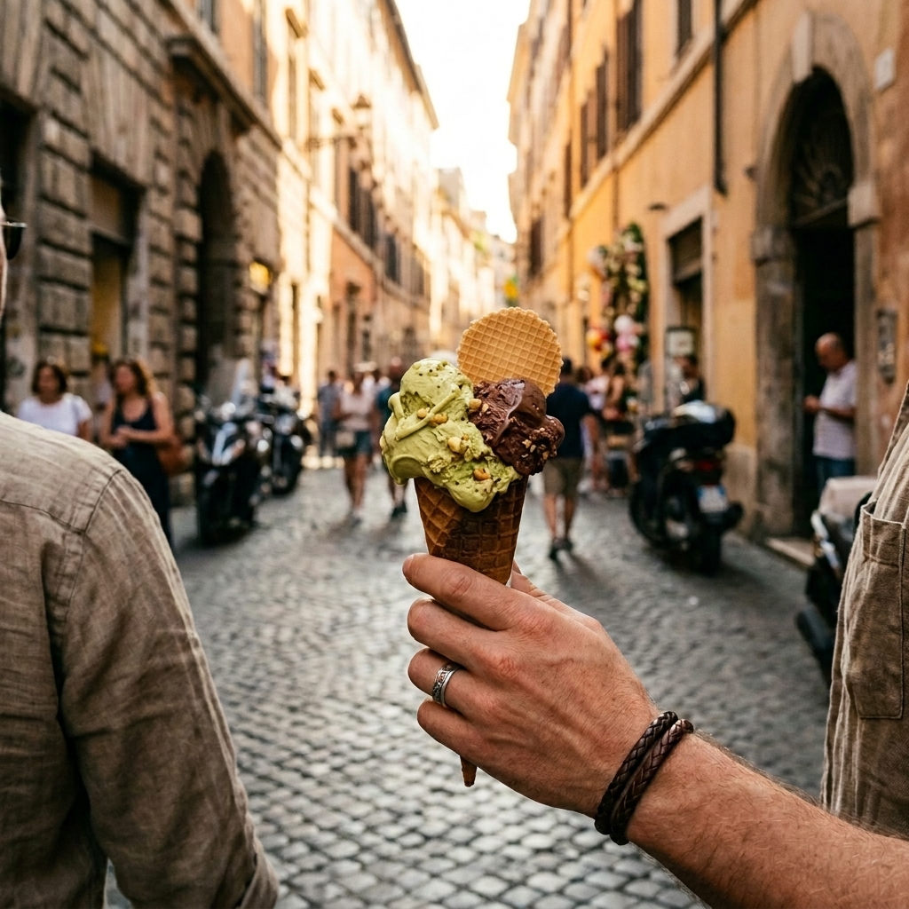 Ein handwerkliches Eiswaffel mit Blick auf eine historische Gasse in Rom
